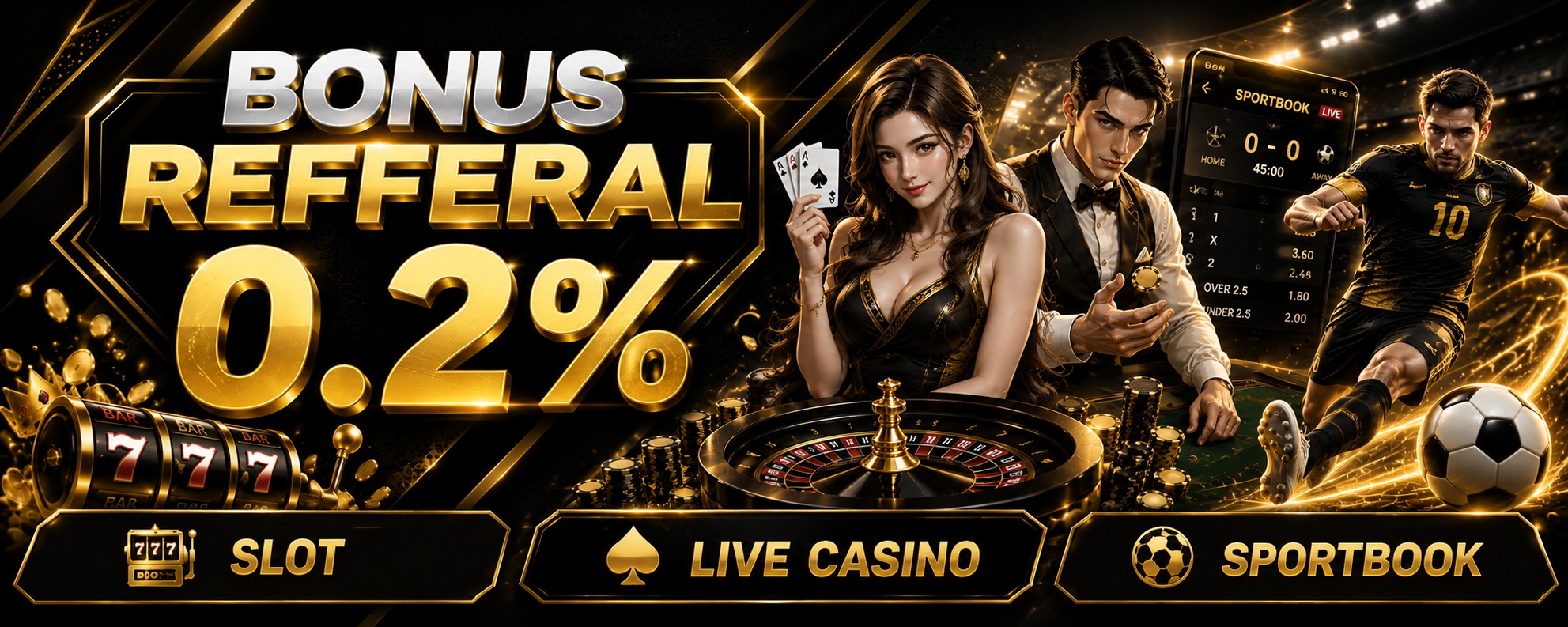 Bonus Refferal 0.2% Slot,Live Casiono & Sporbook